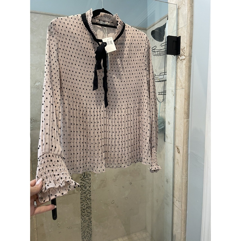Max Studio Blush Pink Polka Dot Tie Neck Pleated Blouse L NWT 9708A30